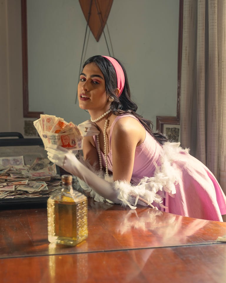 Elegant woman in pink dress with cash, showcasing luxury and wealth.